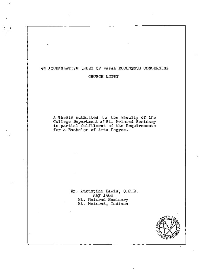 An Accumulative Index of Papal Documents Concerning Church Unity Thumbnail
