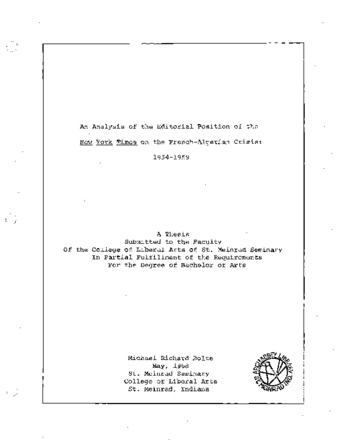 An Analysis of the Editorial Position of the New York Times on the French-Algerian Crisis: 1954-4958 miniatura